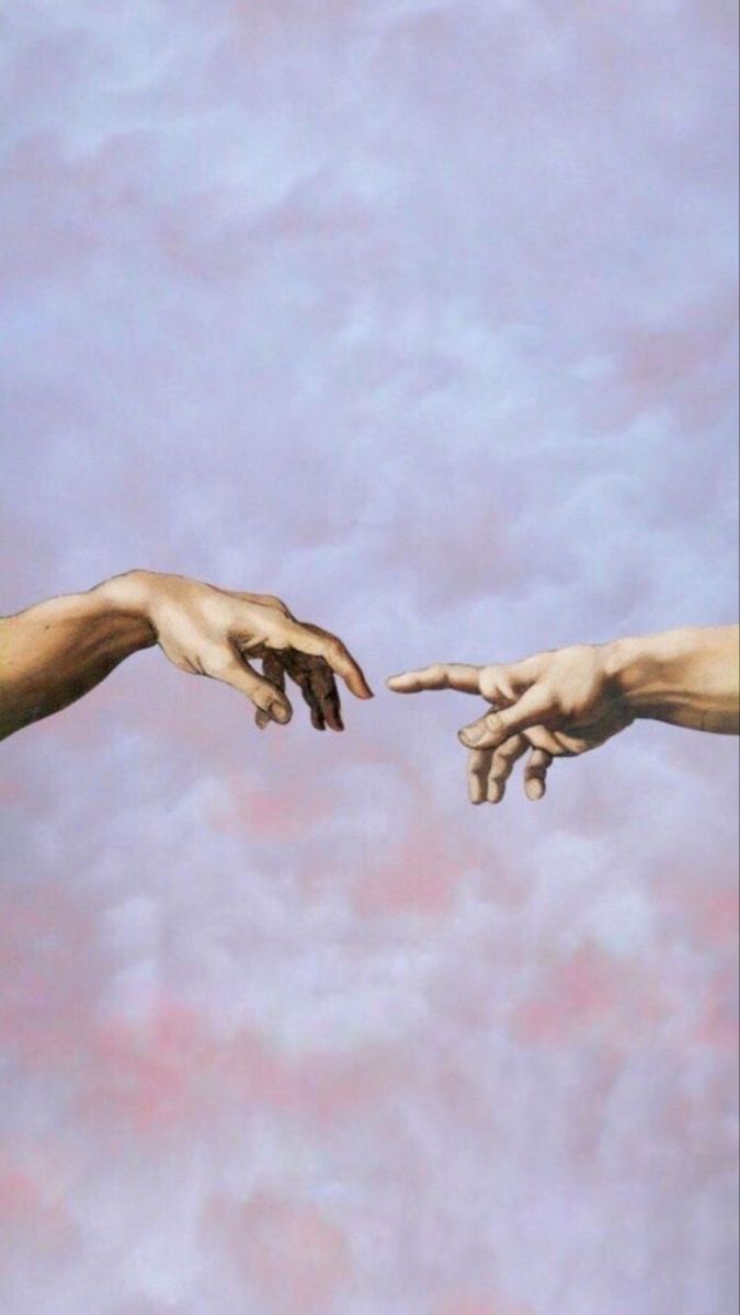 two hands reaching out towards each other in front of a blue sky with white clouds