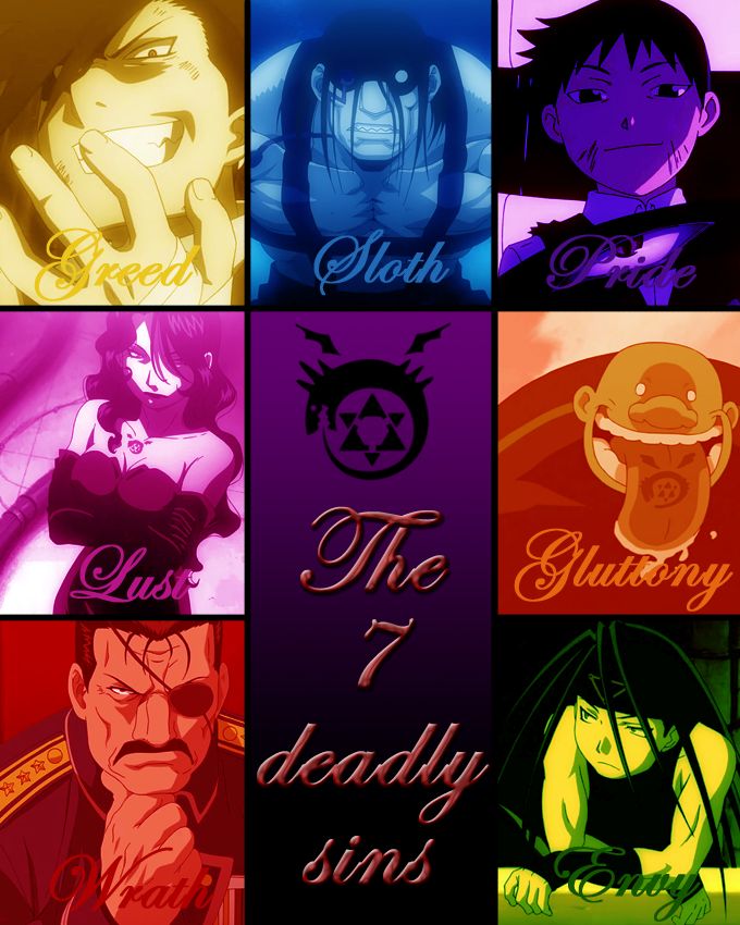 the seven deadly sines from one piece, with their names in different colors and font