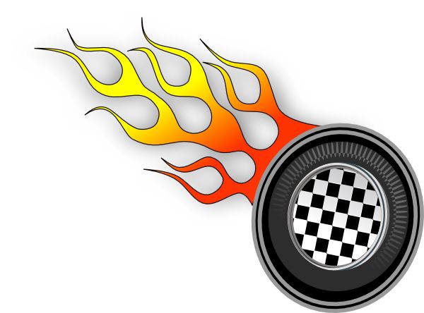 a black and white checkerboard tire with flames coming out of it's center