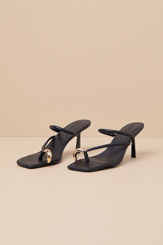 We hope you like compliments because everyone will love you in the Billini Camren Black Strappy High Heel Slide Sandals! These luxe heels have a smooth faux leather construction that shapes a trendy square footbed and an open-toe upper. The thong-style upper features a toe loop adorned with an oversized, oblong gold metal accent, followed by a strappy vamp (with elastic at the side of one strap for fit). Effortless slide-on design sits atop a flirty spool heel. Available in whole sizes only. 3" spool heel. Cushioned insole. Rubber sole has nonskid markings. Man Made Materials. Imported. Lulus | Camren Black Strappy High Heel Slide Sandal Heels | Size 7. Black Strappy High Heels, Black Heeled Sandals, Sandals Strappy, Strappy High Heels, Spool Heel, Black Strappy Heels, A Best Friend, Sandal Heels, Strappy Sandals Heels