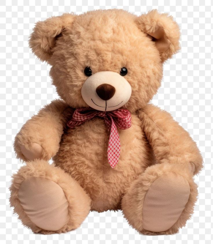 a brown teddy bear with a pink checkered bow tie