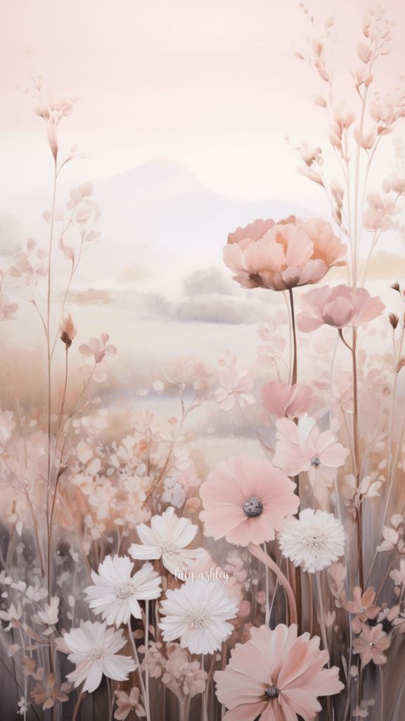 a painting of pink and white flowers on a field with mountains in the distance behind it