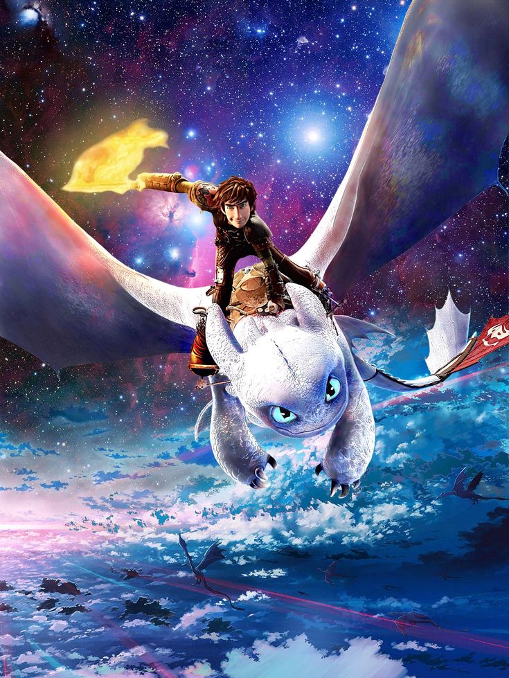 a woman riding on the back of a white dragon flying through space with stars in the background