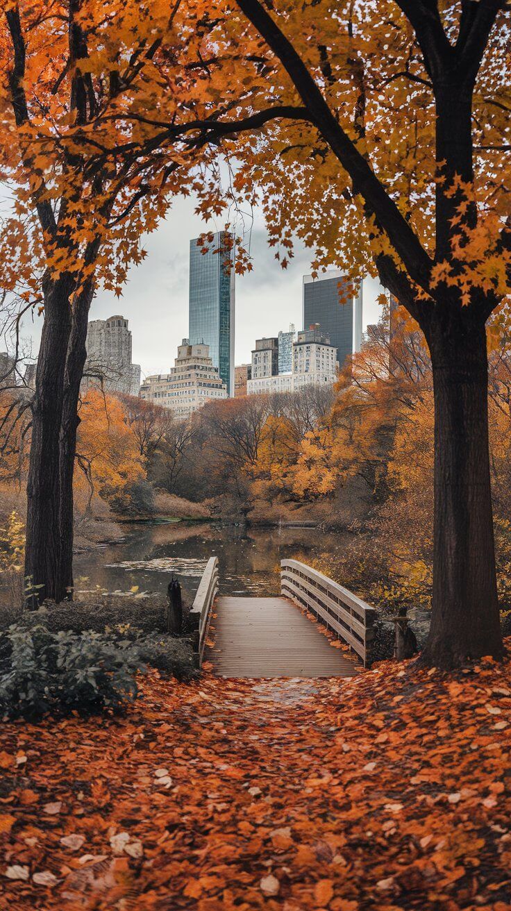 a wooden bridge surrounded by trees with leaves on the ground and buildings in the background