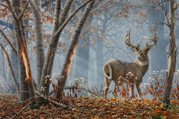 a painting of a deer standing in the middle of a forest with trees and leaves