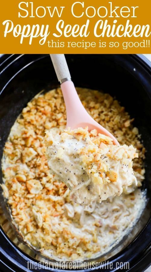 slow cooker poppy seed chicken recipe in a crock pot with a pink spoon