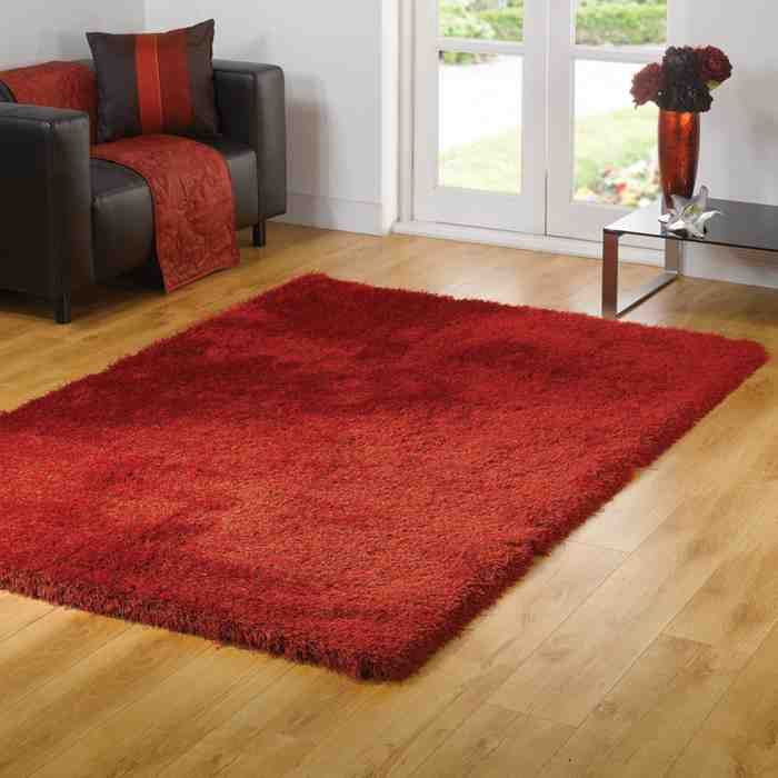 a living room with a red rug on the floor and a chair in the background