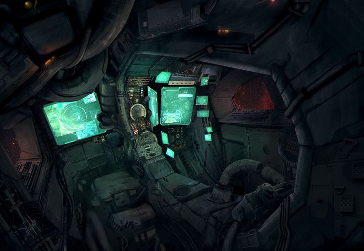 the interior of a sci - fi space station with green lights