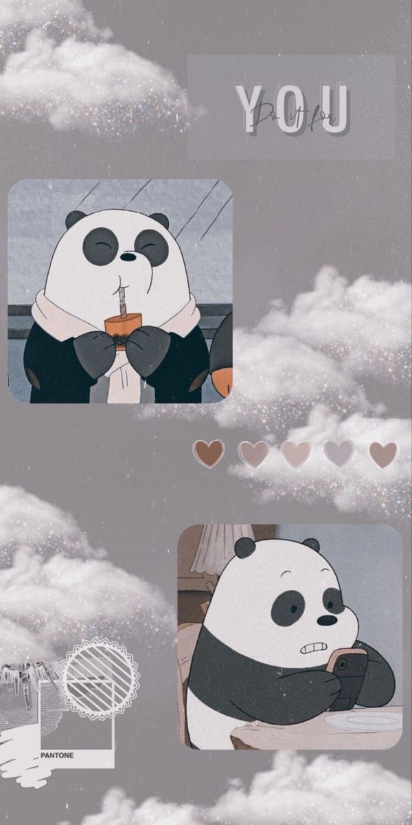 the panda bear is sitting in the clouds and eating something out of his mouth,