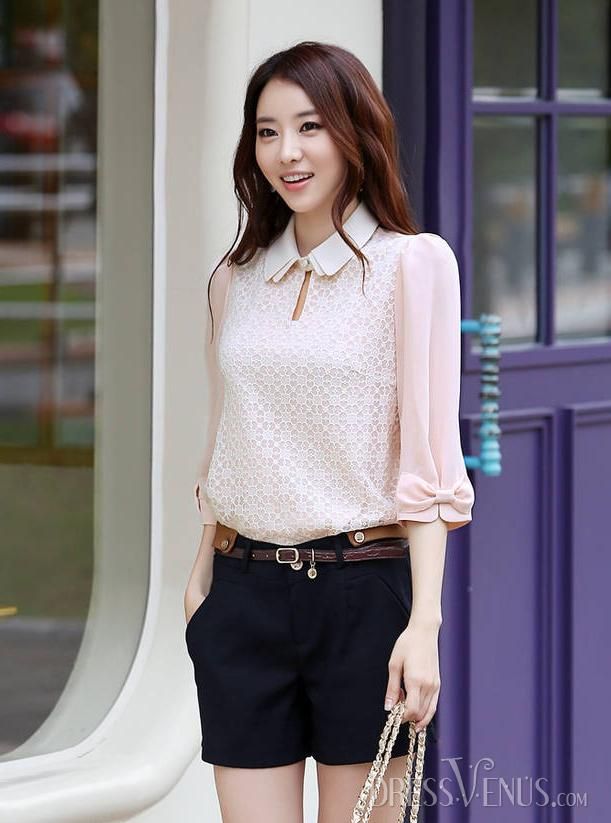 Luxury Korean Style Lace Blouse. Chiffon Lace Blouse, Fashion Tops Blouse, Sleeves Designs For Dresses, Pretty Blouses, Cute Blouses, Stylish Dresses For Girls, Designs For Dresses, Fashion Design Clothes, White Blouse