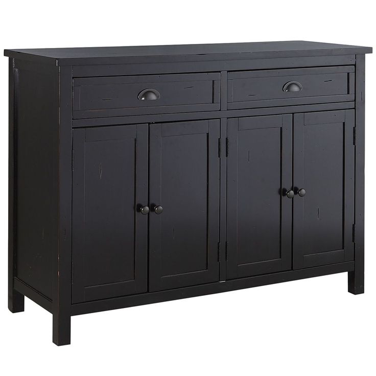 a black cabinet with three doors and two drawers on one side, in front of a white background