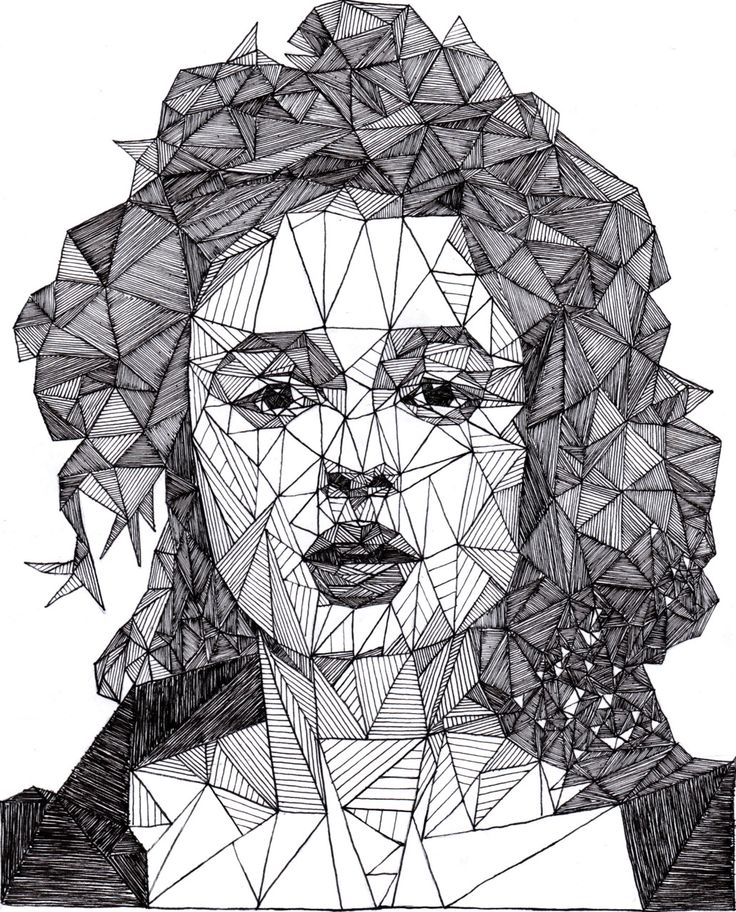 a black and white drawing of a woman's face with geometric shapes on it