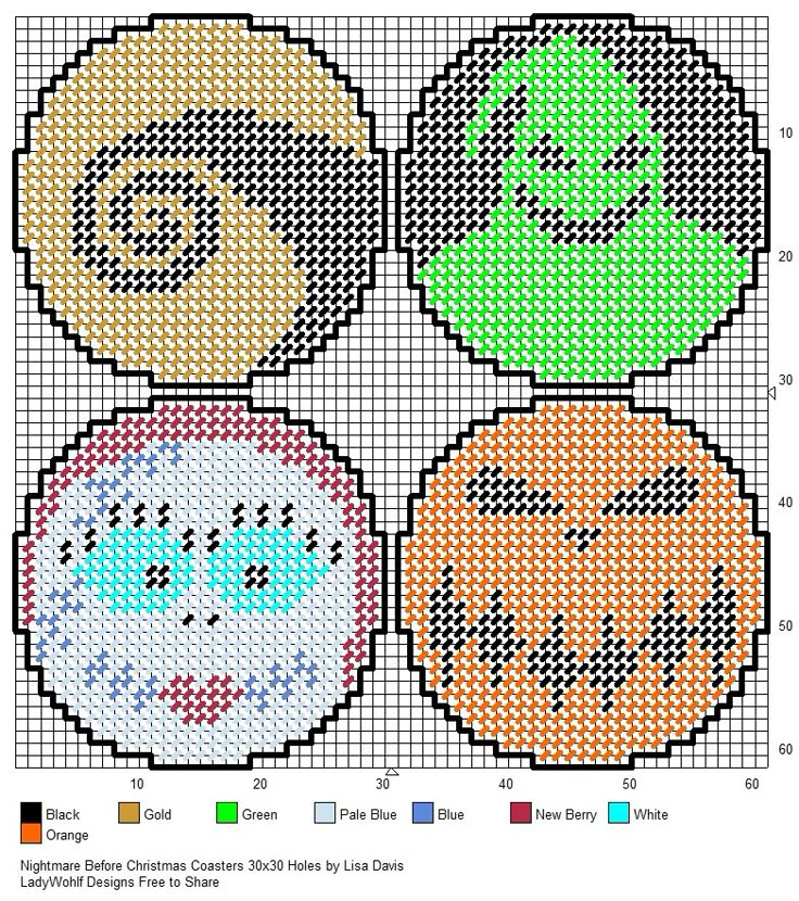 four cross stitch designs with different faces on them