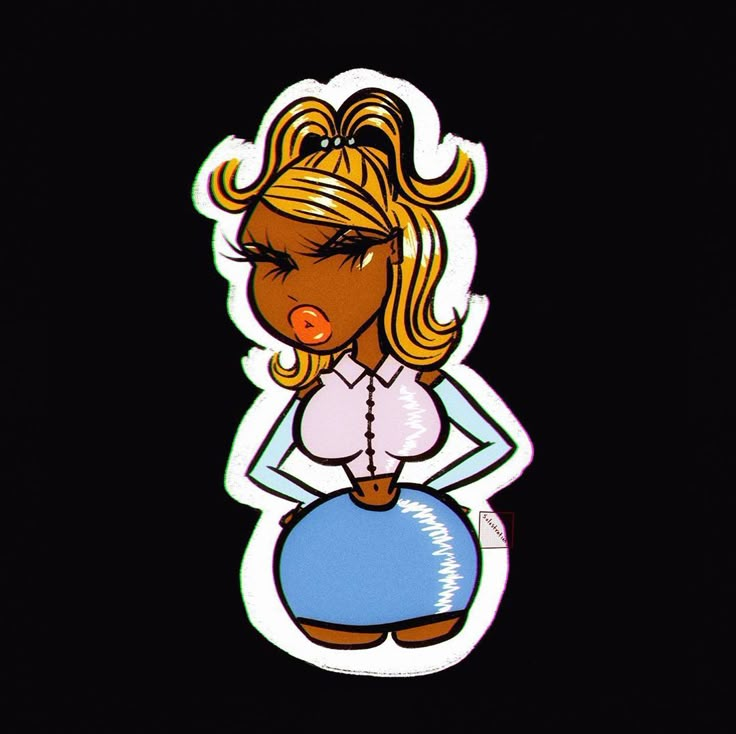 a sticker depicting a woman with blonde hair and blue pants, wearing a white shirt