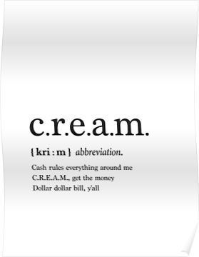 a white poster with the words cream on it