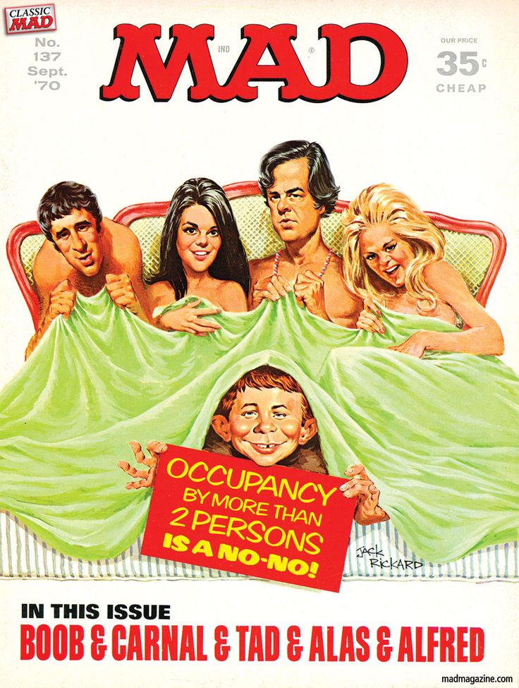 the cover of mad magazine showing four people in bed