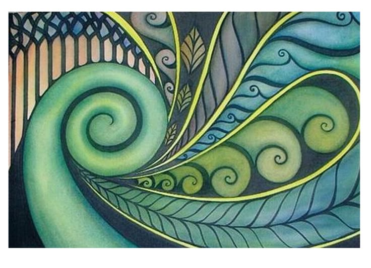 an abstract painting with swirls and waves on it's sides, in blue, green and yellow colors