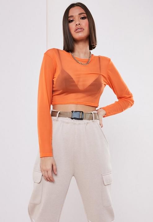 Orange Long Sleeve Mesh Crop Top Orange Monochrome Outfit, Tops For Ladies, Orange Crop Top, Orange Long Sleeve, Monochrome Outfit, Mesh Crop Top, Roll Neck Sweater, Long Sleeve Tops Casual, Cami Crop Top