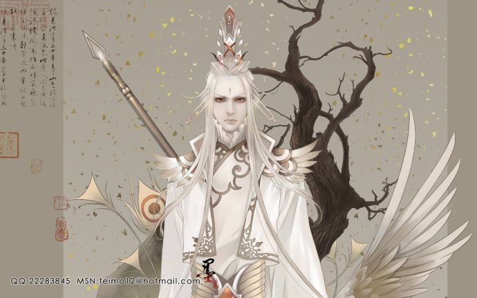 a woman with white hair and wings standing in front of a tree holding two swords