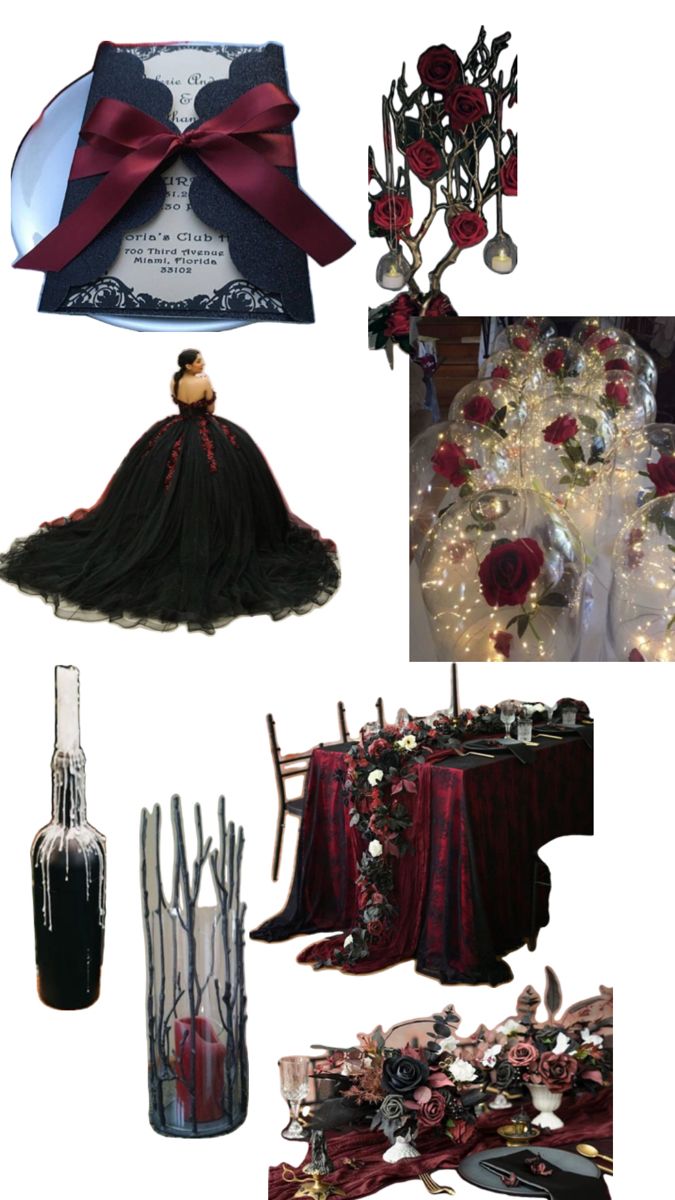 a collage of red and black items including a table cloth, wine bottle, vases