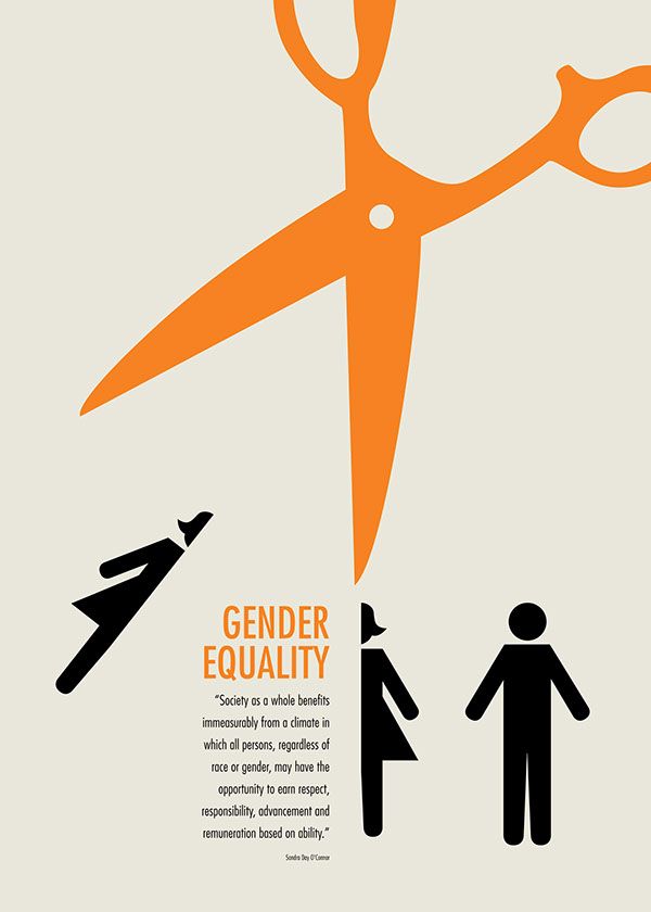 an orange poster with scissors on it that says gender equality and two people holding hands