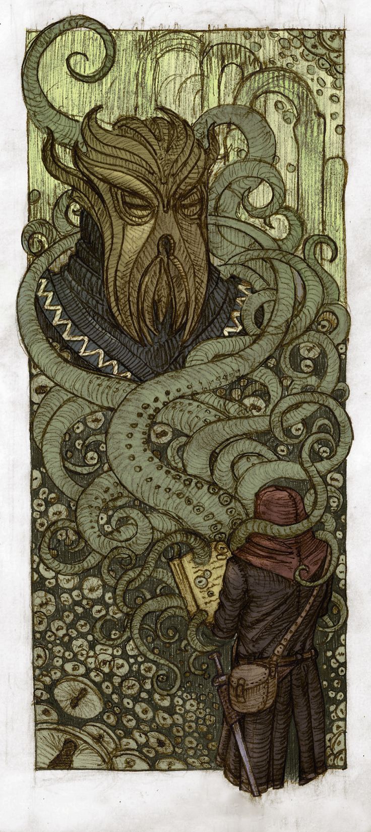 an illustration of a man with a horned head standing in front of a giant snake