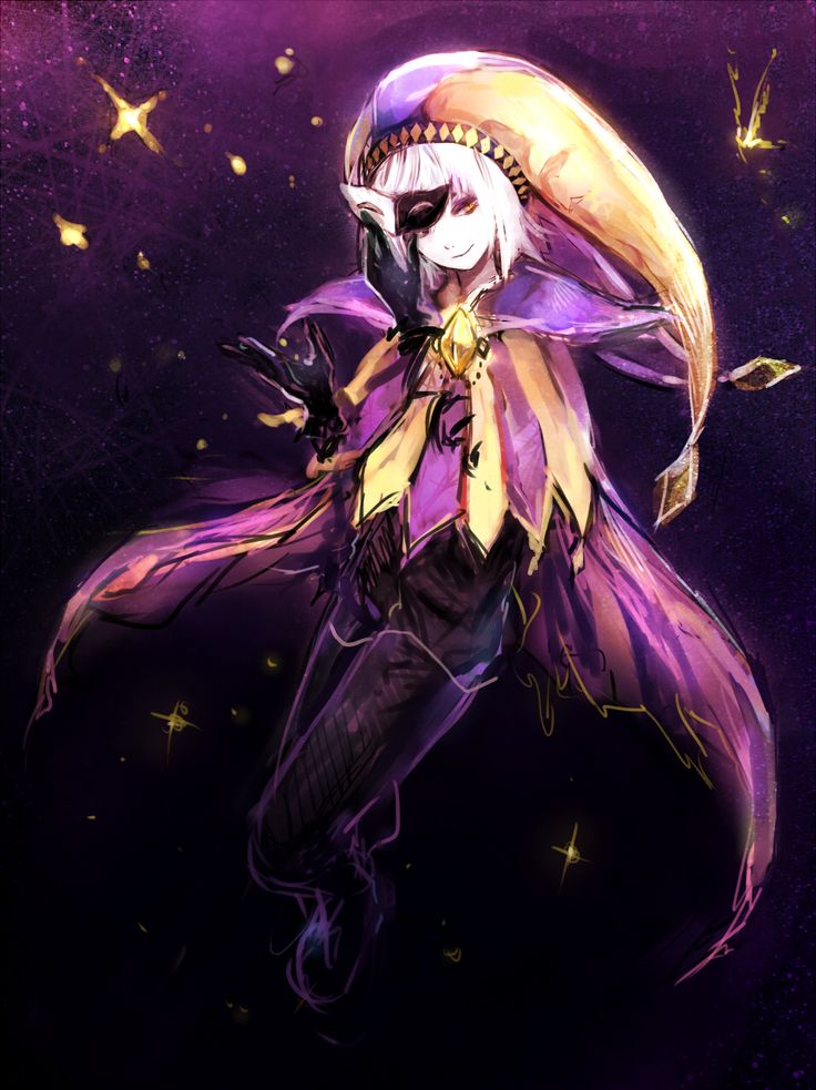 an anime character dressed in purple and yellow with long hair, wearing a costume that looks like a demon