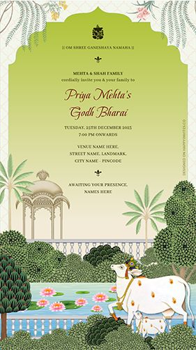 Indian Hindu Godh Bharai Invitation Card | Baby Shower Invite Design Pichwai Invitation, Seemantham Invitation Card, Dohale Jevan Invitation, Valaikappu Invitation, Indian Baby Shower Invitations, Dohale Jevan, Event Background, Hindu Wedding Invitation Cards, Indian Baby Showers