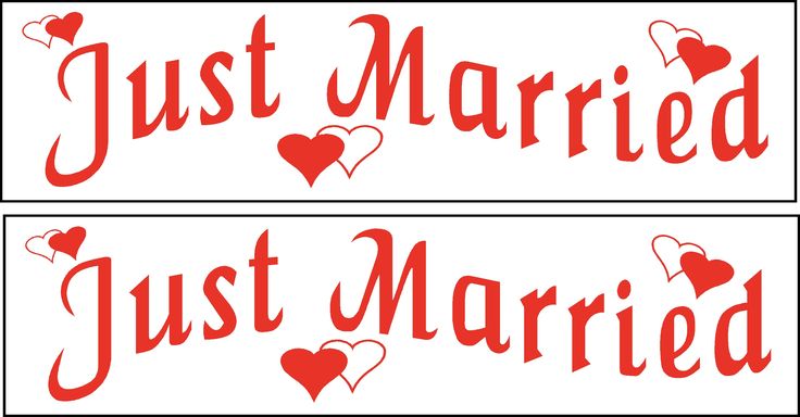 just married and just married stickers are shown in two different colors, with hearts on them