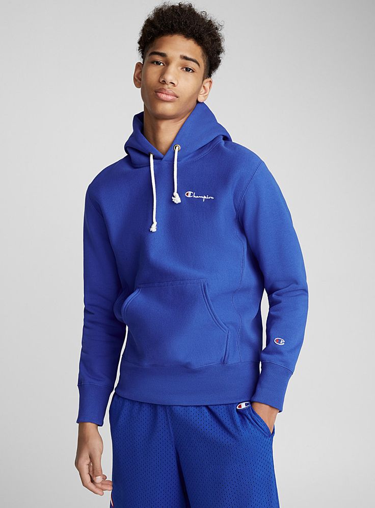 Bright blue hoodie | Champion Reverse Weave | Men's Sweatshirts & Hoodies: Shop Online in Canada | Simons  #Champion #yvesklein #blue #fashion #lamaisonsimons Blue Sporty Hoodie For Outdoor, Blue Sporty Hoodie With Pockets, Blue Cotton Sporty Hoodie, Luxury Blue Sporty Hoodie, Blue Champion Hoodie, Yves Klein, Champion Reverse Weave, Color Trends Fashion, Yellow Mustard