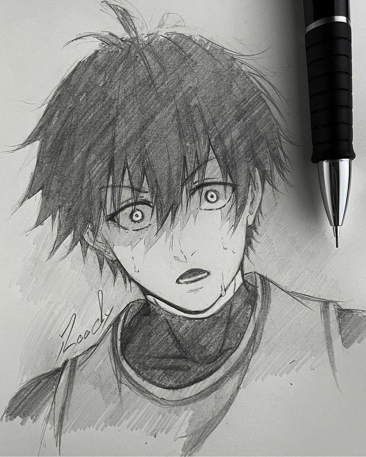 a pencil drawing of an anime character next to a pen