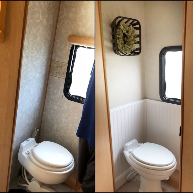 two pictures of the inside of a mobile home with toilet and sink in each room