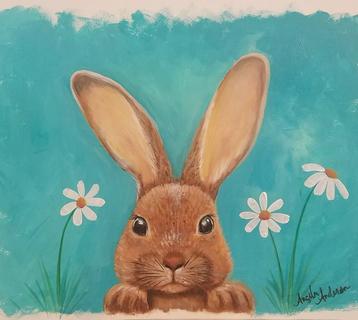 a painting of a rabbit with daisies in the foreground and blue background behind it