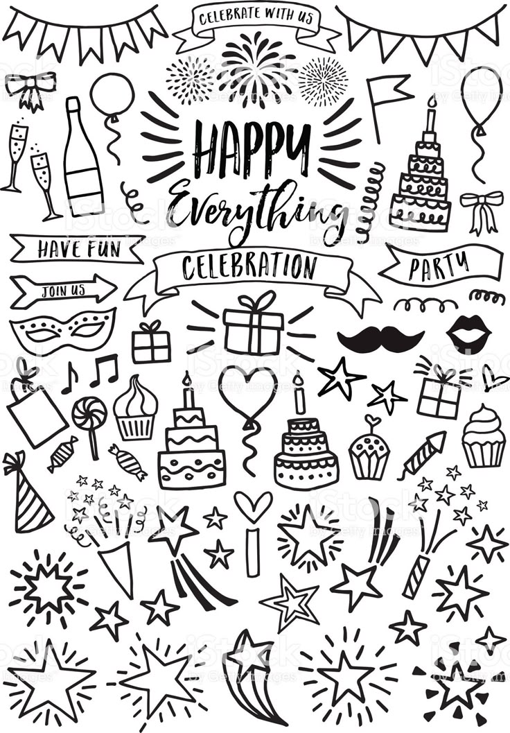 happy new year celebration doodles and icons set in black color on white background