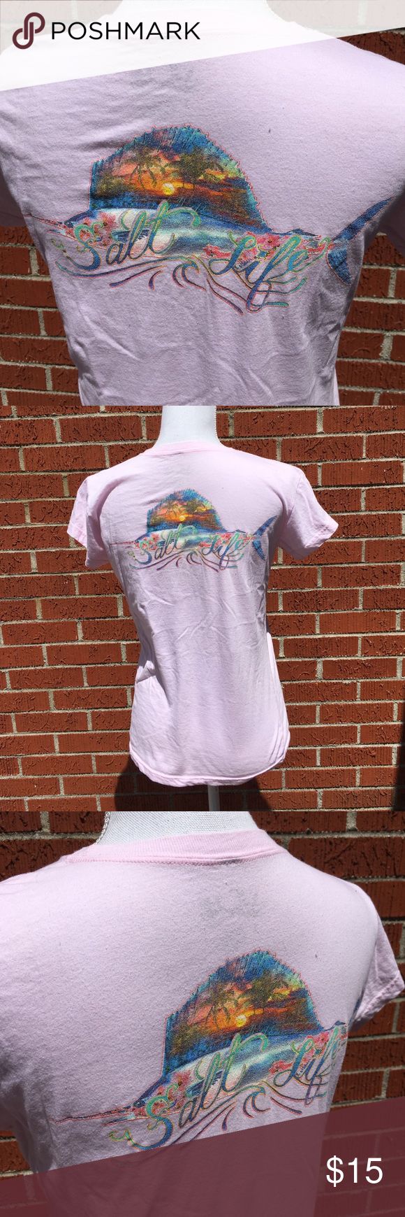 Salt Life Sunset Marlin Shirt Cute, fun, beachy! This pink salt life shirt came from Martha’s Vineyard. It is preowned, in EUC. The graphic is faded, but the shirt itself is EUC.   PREOWNED STATES SIZE L, FITS LIKE A SMALL Salt Life Tops Tees - Short Sleeve Salt Life Shirts, Pink Salt, Salt Life, Salt, Tops & Tees, Best Deals, Pink, Women Shopping, Closet