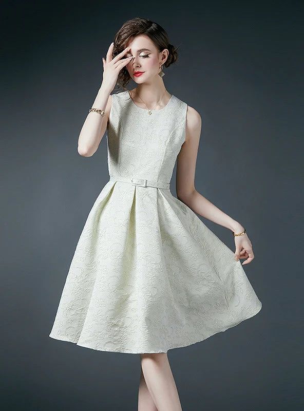 Sophisticated elegance is epitomized in this cream-colored dress, which combines timeless style with contemporary flair. The dress features a classic A-line silhouette that flatters any body type, accentuated by a fitted waist and a gracefully flaring skirt that falls just above the knee. The high neck and sleeveless design lend it a sleek, modern look, while the subtle floral pattern embossed on the fabric adds a touch of understated charm. This dress is perfect for formal occasions, bridal sho Beige Fit And Flare A-line Midi Dress, Beige A-line Fit And Flare Midi Dress, Beige A-line Midi Dress For Wedding, Elegant A-line Midi Dress For Spring, Classic A-line Spring Dress, Elegant Sleeveless A-line Fit And Flare Dress, Elegant Beige A-line Sleeveless Dress, Elegant A-line Fit And Flare Sleeveless Dress, Formal Cream Sleeveless Midi Dress