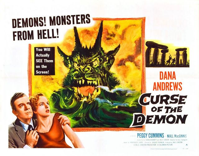 a poster for the movie curse of the demon starring actors from hell and dana andrews