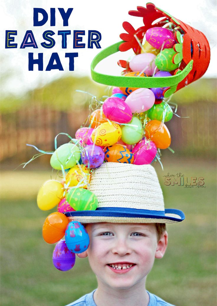 a young boy wearing a hat with balloons on it and the words diy easter hat