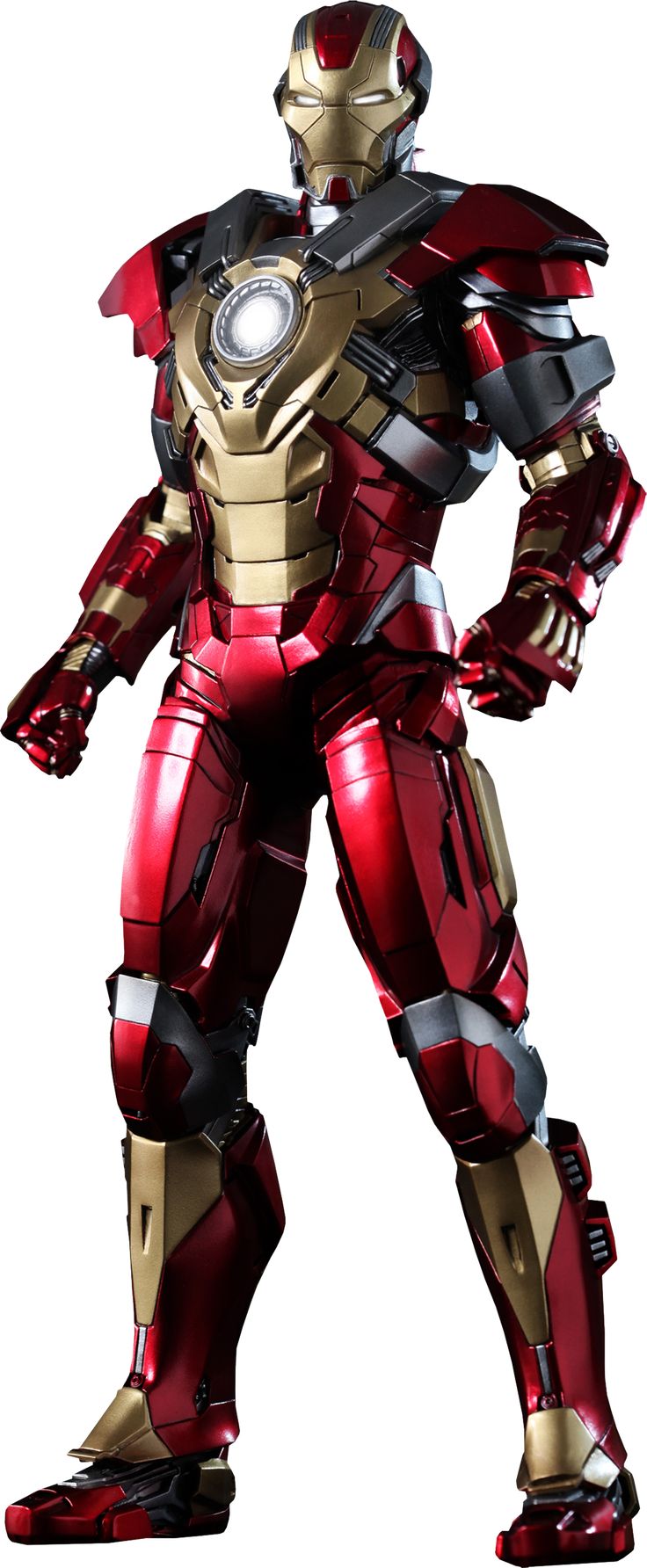 an iron man standing in front of a white background with red and gold armor on it