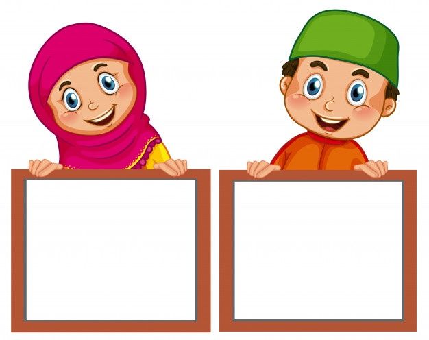 two muslim kids with blank signs on a white background