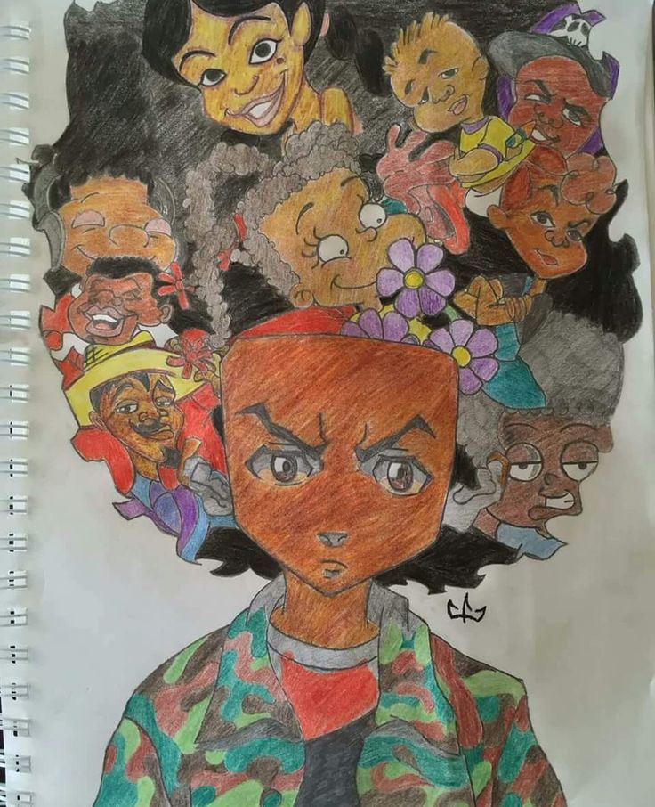 a drawing of a person with many different faces