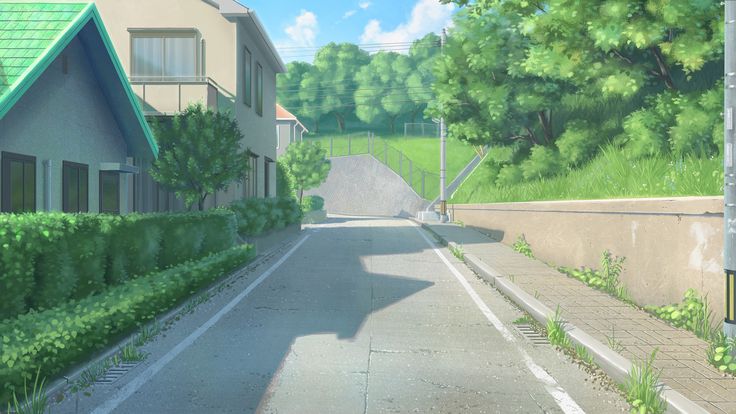 an anime street with houses and trees on both sides, in the background is a green field