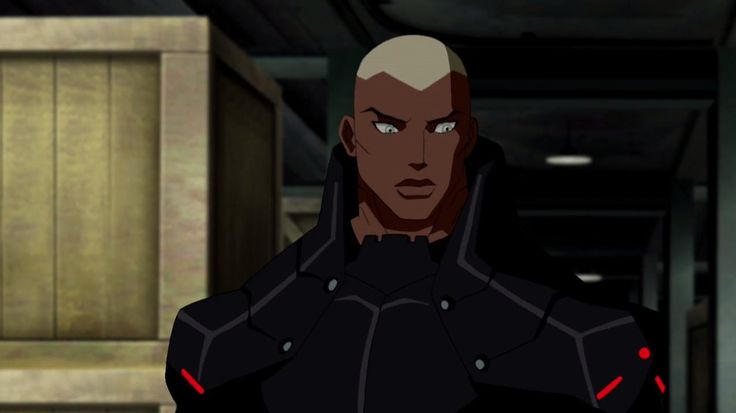 an animated man in a black suit and red eyes