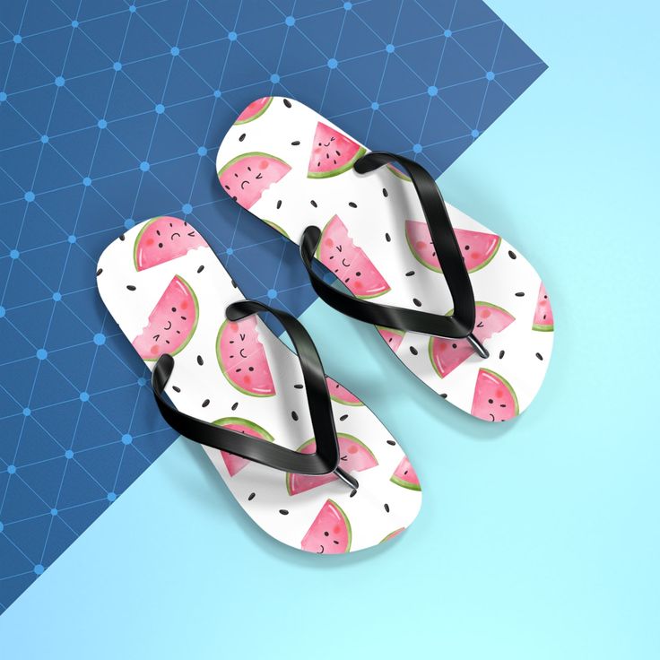 Get ready to spread summer cheer with these fun and fruity watermelon flip flops!  These adorable sandals feature a playful design with smiling watermelons winking mischievously at you.  Set against a crisp white background with scattered black seeds, these flip flops are sure to turn heads wherever you go! A matching large beach towel is available in our shop to complete your summer look! Perfect for Poolside Fun and Beyond with a durable rubber sole and comfortable tread for all-day wear, whet Playful Flat Flip Flops For Vacation, Summer Non-slip Jelly Sandals For Vacation, Cute Jelly Sandals With Round Toe For Vacation, Playful Summer Slippers With Round Toe, Non-slip Summer Jelly Sandals For Vacation, Summer Jelly Sandals For Vacation With Non-slip Design, Playful Round Toe Summer Slippers, Summer Vacation Non-slip Jelly Sandals, Cute Pink Summer Slippers