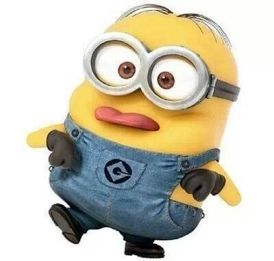 a minion with glasses and overalls is in the air, making a funny face