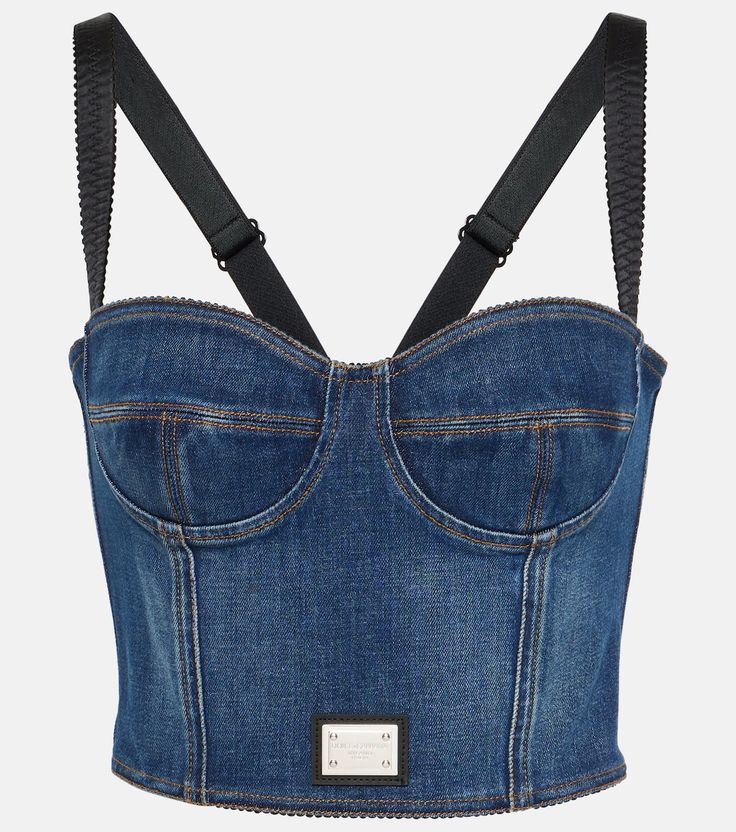 Denim bustier in blue - Dolce Gabbana | Mytheresa Cropped Top With Built-in Bra And Fitted Bodice, Fitted Cropped Crop Top With Built-in Bra, Fitted Cotton Crop Top With Built-in Bra, Fitted Tube Top With Built-in Bra And Tank Straps, Strapless Padded Corset, Fitted Tube Top With Tank Straps, Chic Fitted Nylon Tube Top, Chic Fitted Tank Top With Removable Bra Pads, Fitted Bandeau Elastane Crop Top