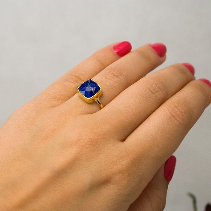 "Blue Lapis Lazuli Stackable Ring, available in 18K Gold Vermeil or 925 Sterling Silver. Please select size and metal option from drop down menu. This listing is for the following 1 (ONE) ring: ✦Gemstone: Lapis Lazuli ✦Stone Cut: Round, Square, or Teardrop ✦Stone Size: Approximately 9mm (0.35\") ✦Metal: 18K Gold Vermeil or 925 Sterling Silver *Because we use natural stones, the stones may vary slightly in shape, size and color. *Each item is packaged individually in a GIFT BOX Please view my ful Gift Sapphire Open Ring, Blue Open Ring Crystal Birthstone, Elegant Blue Enamel Ring With Gemstone, Blue Birthstone Crystal Open Ring, Sapphire Colored Moonstone Ring As Gift, Sapphire Moonstone Ring Fine Jewelry Gift, Sapphire Color Moonstone Ring As A Gift, Sapphire Moonstone Ring Gift, Sapphire Crystal Ring Gift