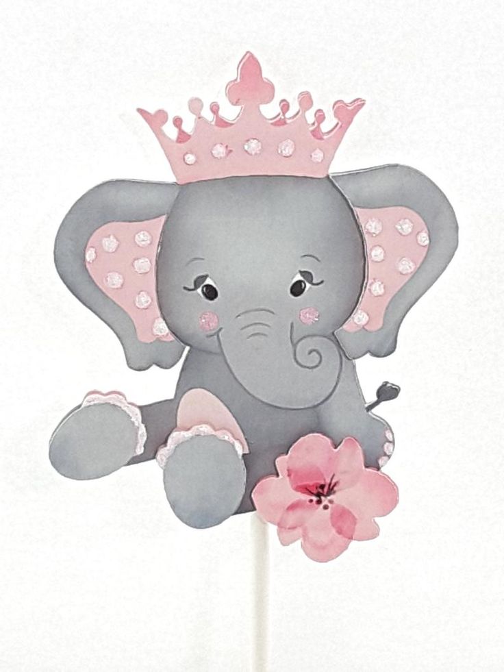 a cake topper with an elephant wearing a tiara and holding a pink flower