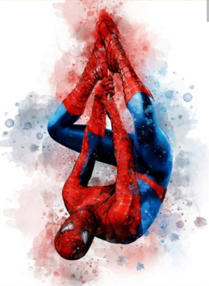 the amazing spider - man is hanging upside down on his back in front of watercolor splashes