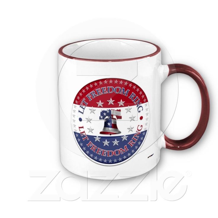 a red, white and blue coffee mug with the american flag on it's side